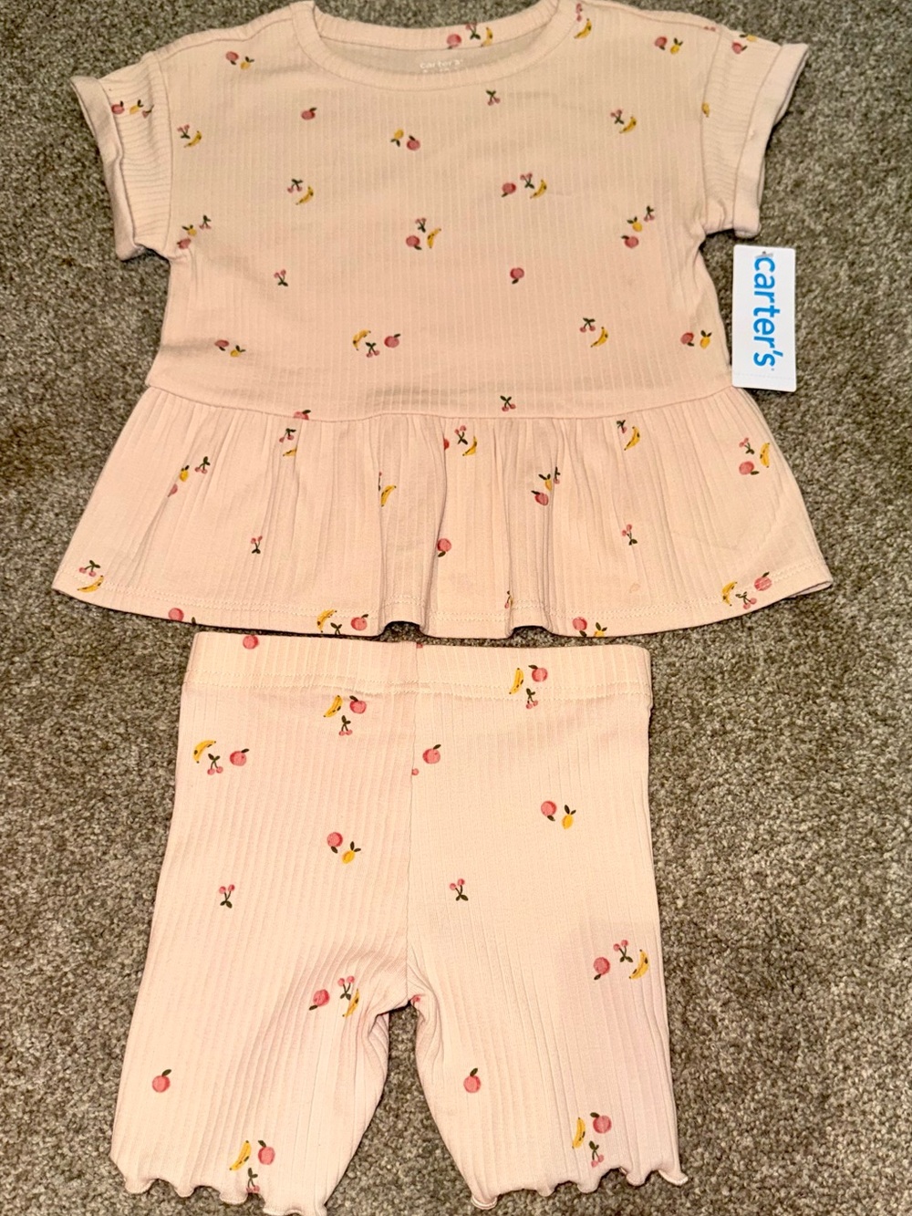 NWT- Carter’s Girls Pink Fruit Print Ribbed Peplum Top & Shorts Set | Size: 3T - Picture 3 of 8